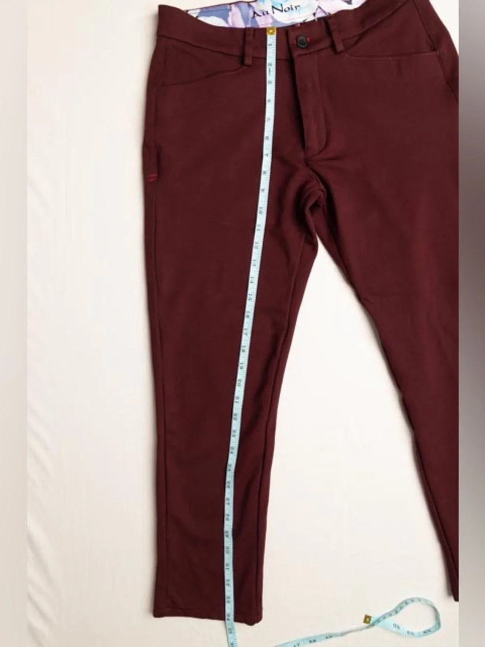 Au Noir Sophisticated Chino Pants Mens 30 Burgundy Wine Stretch Floral Trim 1001